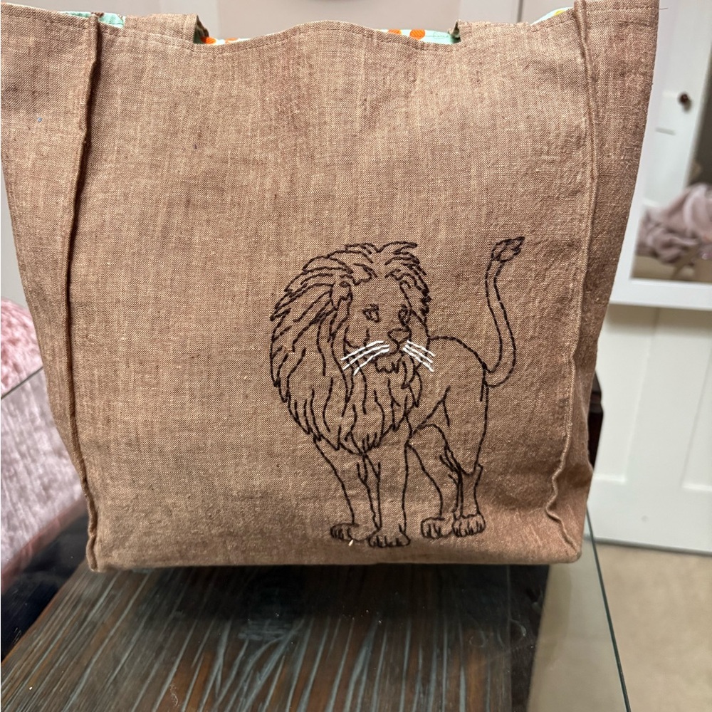 Brown Lion Embroidered Tote Bag